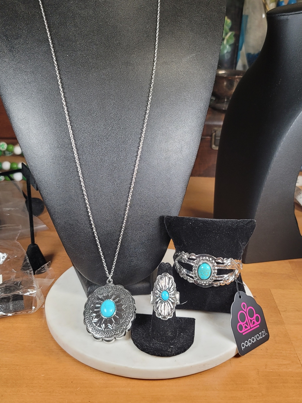 paparazzi Silver Turquoise Concho Necklace, Ring & Cuff Bracelet Set